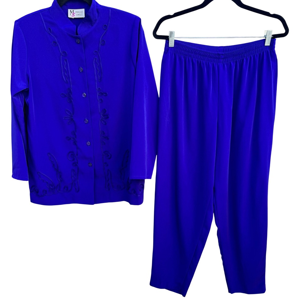 Maggie Sweet Vintage Womens Royal Blue Soutache Embroidered Tunic‎ Pants Set 2P